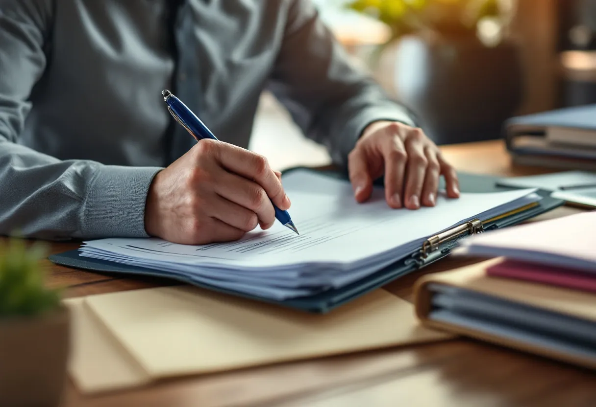 A surety broker reviewing a contractor's submission file at their desk