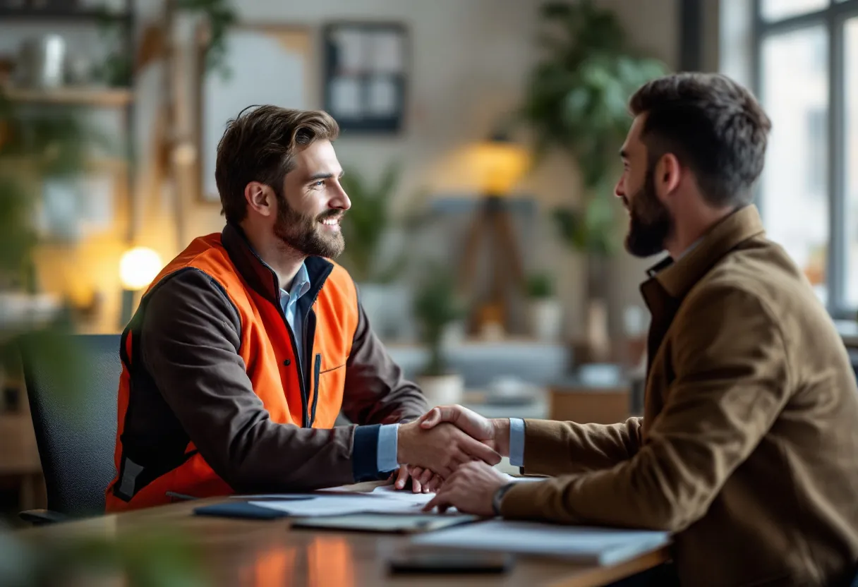 A broker shaking hands with a contractor client across the desk